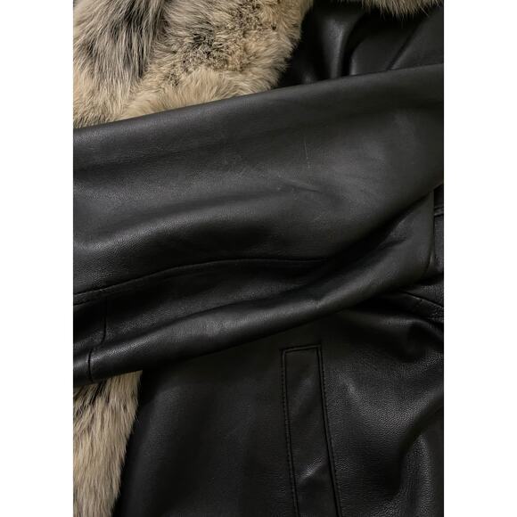 J.G. Hook Womens Black Genuine Leather Jacket Large Shawl Fox Fur Trim Coat - Picture 7 of 14